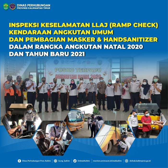 INSPEKSI KESELAMATAN LLAJ (RAMP CHECK) KENDARAAN ANGKUTAN UMUM DAN PEMBAGIAN MASKER & HANDSANITIZER SECARA GRATIS DALAM RANGKA ANGKUTAN NATAL 2020 DAN TAHUN BARU 2021